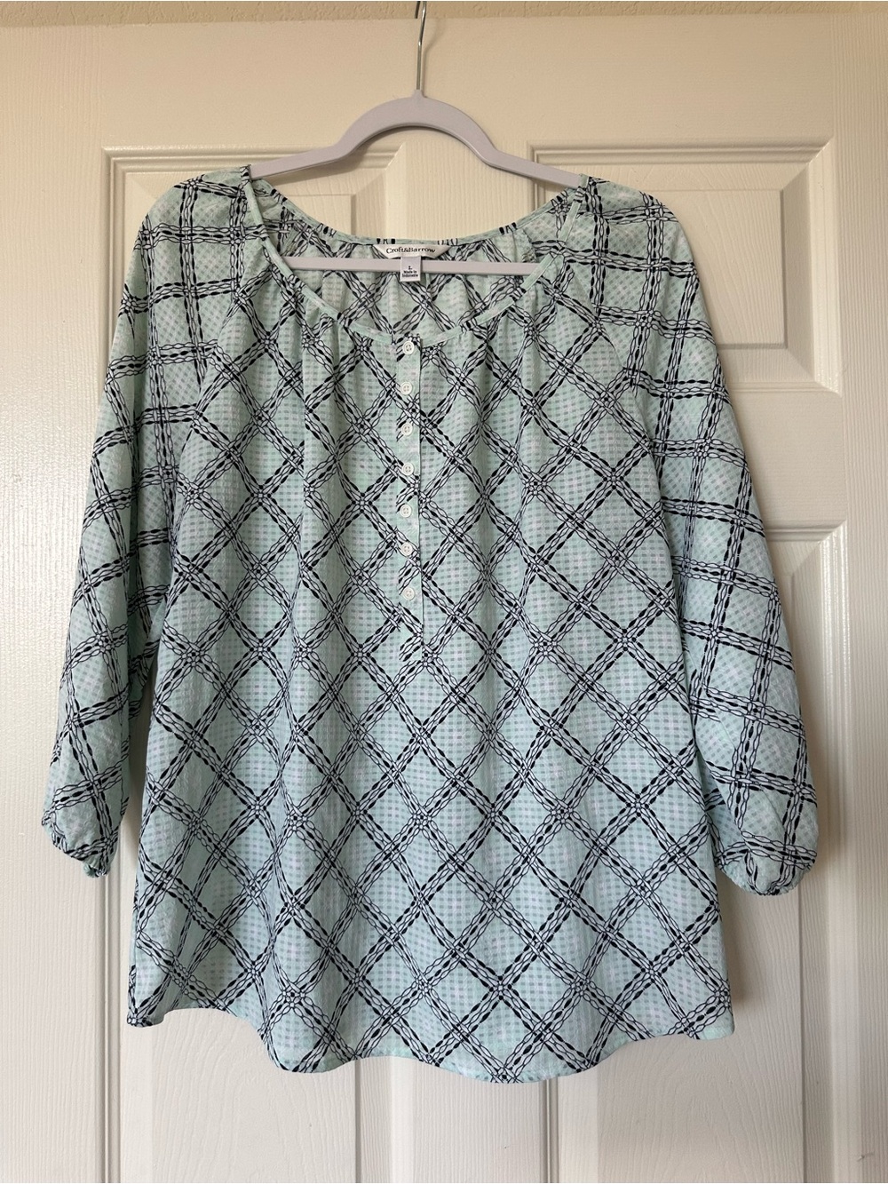 Croft & Barrow Peasant Blouse Top Mint Black Plaid 3/4 Sleeve